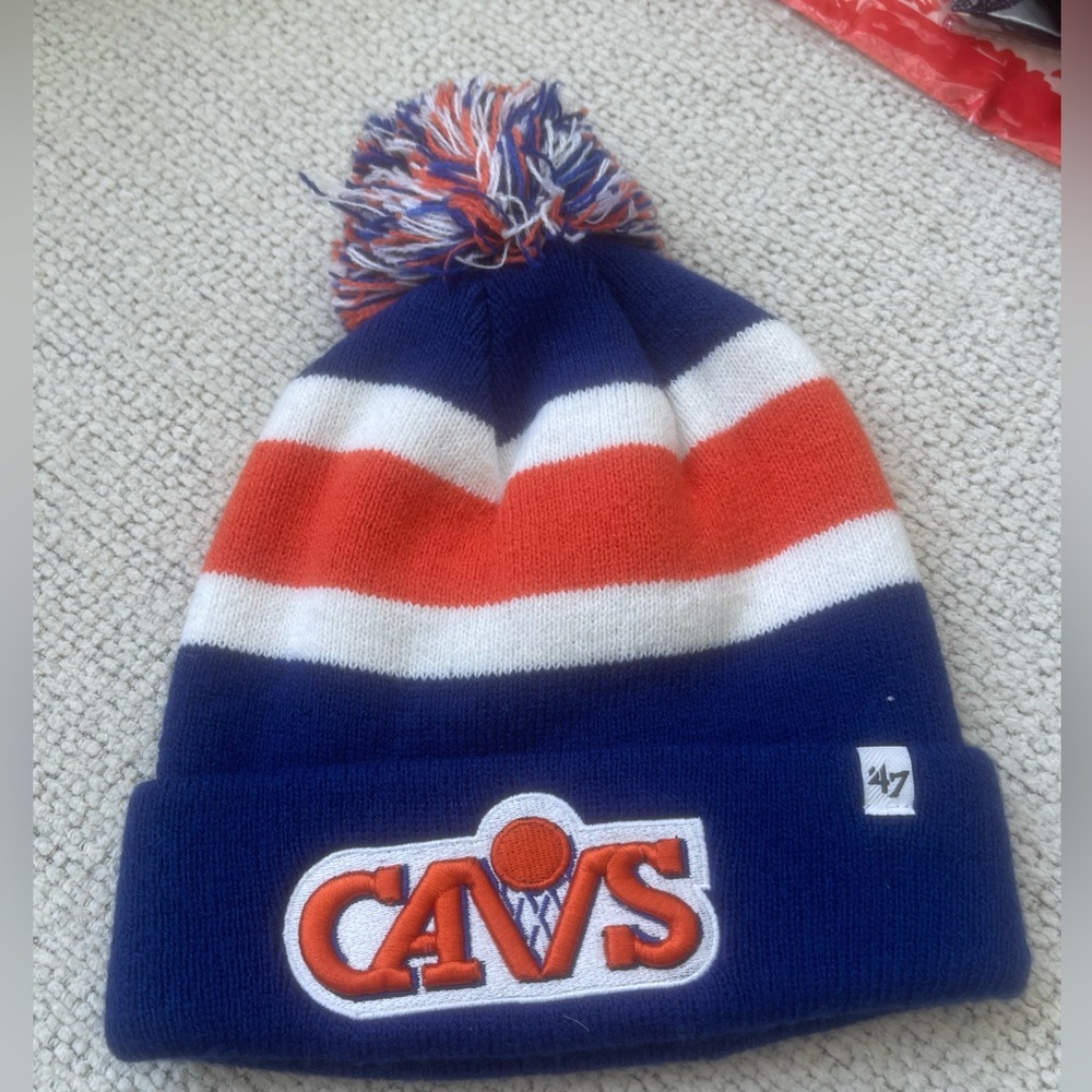 47 Brand Cleveland Cavaliers Beanie Hat Navy Blue Orange White Striped Pom Knit